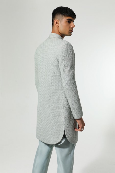Sulakshna Jasra Thread Embroidered Grey Sherwani & Kurta Set 