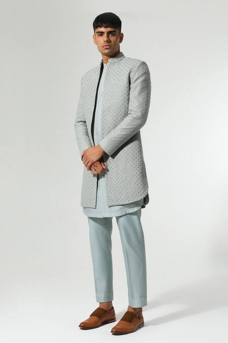 Sulakshna Jasra_Gray Chanderi Embroidery Thread Grey Sherwani And Kurta Set _Online_at_Aza_Fashions
