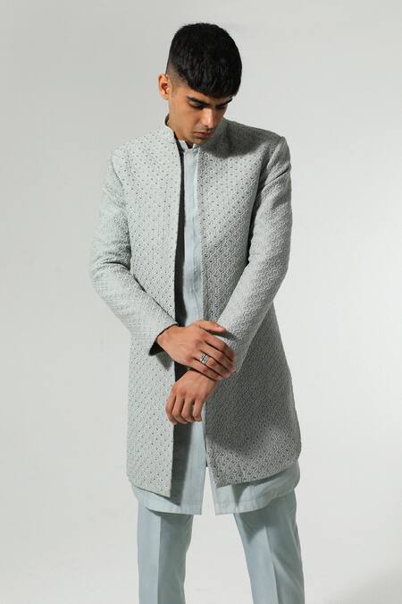 Buy_Sulakshna Jasra_Gray Chanderi Embroidery Thread Grey Sherwani And Kurta Set _Online_at_Aza_Fashions