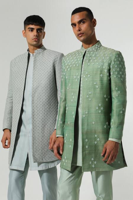 Shop_Sulakshna Jasra_Gray Chanderi Embroidery Thread Grey Sherwani And Kurta Set _Online_at_Aza_Fashions