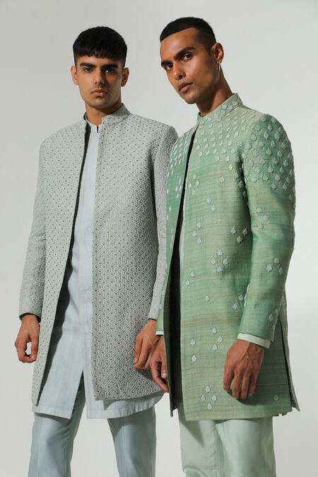 Sulakshna Jasra_Gray Chanderi Embroidery Thread Grey Sherwani And Kurta Set _at_Aza_Fashions