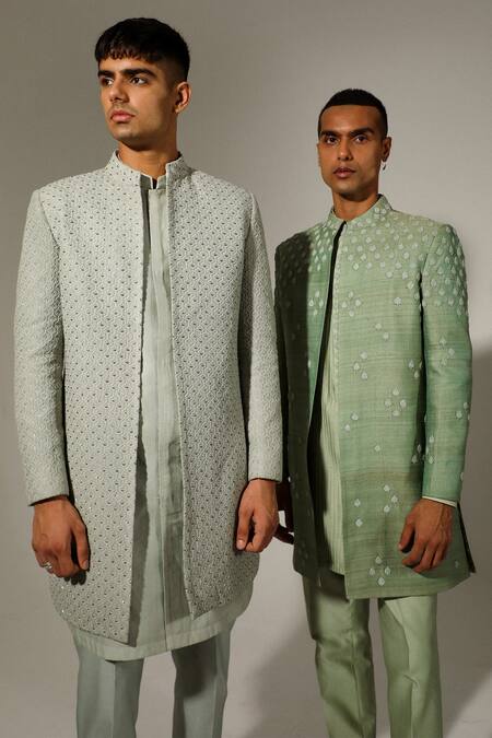 Buy_Sulakshna Jasra_Gray Chanderi Embroidery Thread Grey Sherwani And Kurta Set 