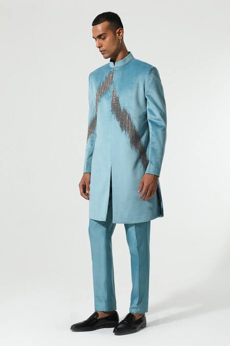 Sulakshna Jasra_Blue Cotton, Velvet Cut Work, Zari Zardozi Embroidered Teal Kurta Set _Online_at_Aza_Fashions