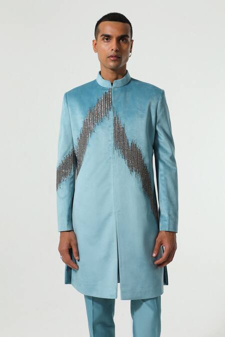 Buy_Sulakshna Jasra_Blue Cotton, Velvet Cut Work, Zari Zardozi Embroidered Teal Kurta Set _Online_at_Aza_Fashions