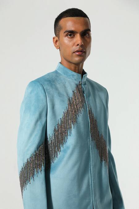 Shop_Sulakshna Jasra_Blue Cotton, Velvet Cut Work, Zari Zardozi Embroidered Teal Kurta Set _Online_at_Aza_Fashions