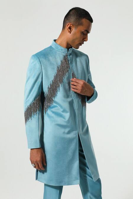Sulakshna Jasra_Blue Cotton, Velvet Cut Work, Zari Zardozi Embroidered Teal Kurta Set _at_Aza_Fashions