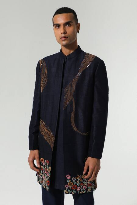 Buy Sulakshna Jasra Navy Silk Embroidery, Sequins Blue Resham Sherwani Set Online at Aza Fashions Buy_Sulakshna Jasra_Navy Silk Embroidery, Sequins Blue Resham Sherwani Set _Online_at_Aza_Fashions