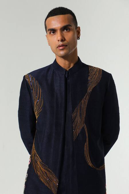 Shop Sulakshna Jasra Navy Silk Embroidery, Sequins Blue Resham Sherwani Set Online at Aza Fashions Shop_Sulakshna Jasra_Navy Silk Embroidery, Sequins Blue Resham Sherwani Set _Online_at_Aza_Fashions
