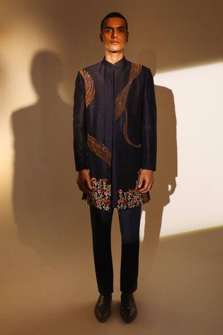 Buy Sulakshna Jasra Navy Silk Embroidery, Sequins Blue Resham Sherwani Set Buy_Sulakshna Jasra_Navy Silk Embroidery, Sequins Blue Resham Sherwani Set