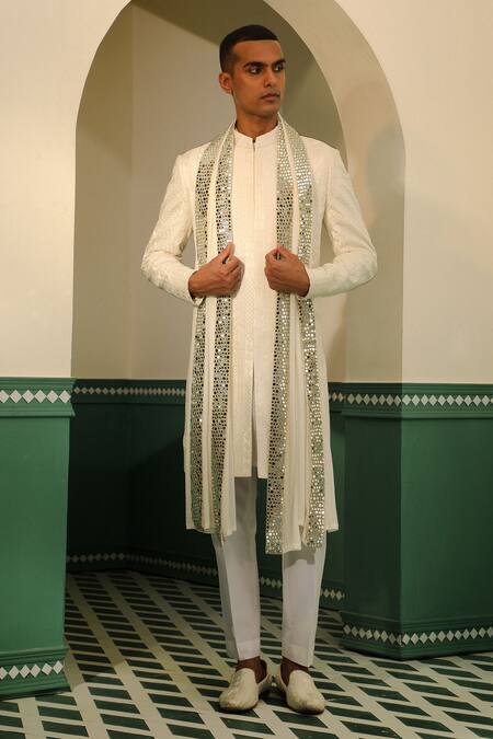 Buy_Sulakshna Jasra_White Chanderi Mirrors Thread Embroidered Achkan Set _Online_at_Aza_Fashions