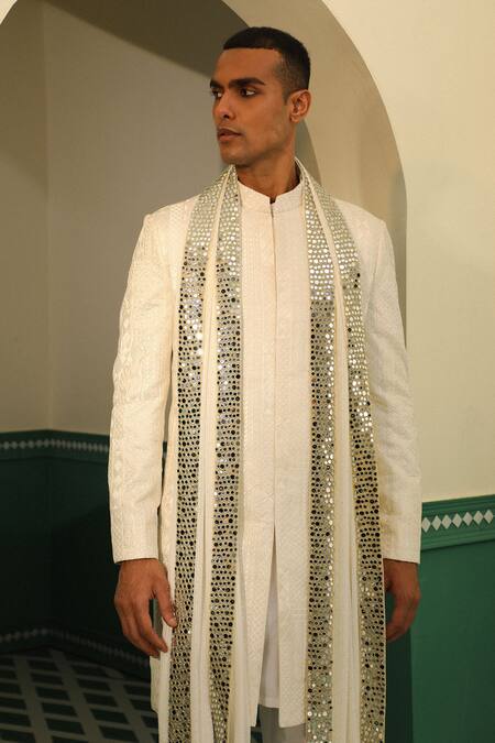 Shop_Sulakshna Jasra_White Chanderi Mirrors Thread Embroidered Achkan Set _Online_at_Aza_Fashions