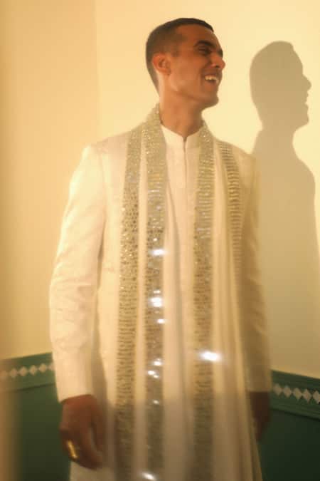 Sulakshna Jasra_White Chanderi Mirrors Thread Embroidered Achkan Set _at_Aza_Fashions