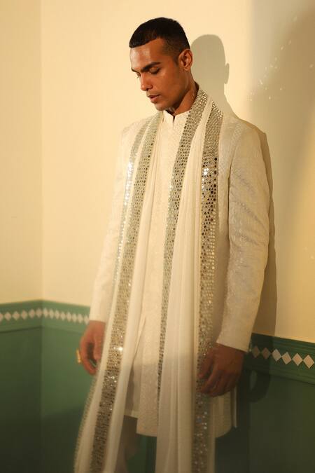 Buy_Sulakshna Jasra_White Chanderi Mirrors Thread Embroidered Achkan Set 