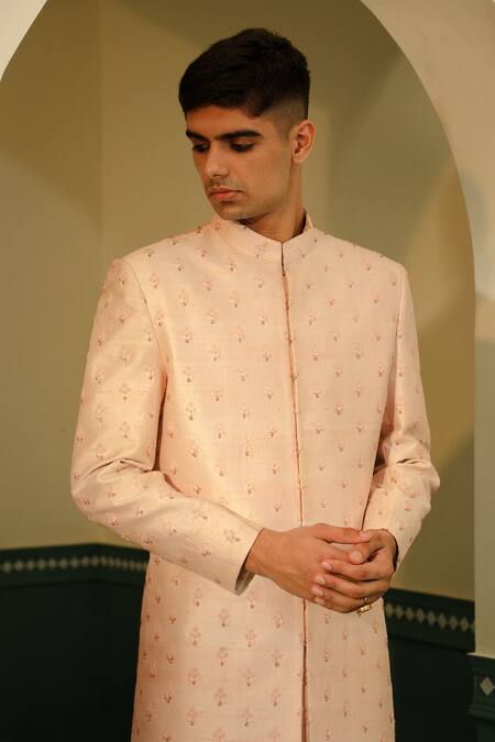 Sulakshna Jasra_Pink Silk Embroidery, Pearls Sherwani Set _Online_at_Aza_Fashions