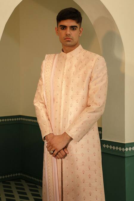Buy_Sulakshna Jasra_Pink Silk Embroidery, Pearls Sherwani Set _Online_at_Aza_Fashions