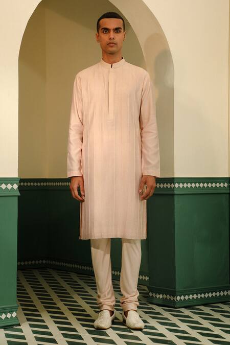 Sulakshna Jasra_Peach Silk, , Satin Sequins, Aari Embroidered Sherwani Set _Online_at_Aza_Fashions