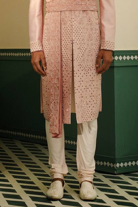 Buy_Sulakshna Jasra_Peach Silk, , Satin Sequins, Aari Embroidered Sherwani Set _Online_at_Aza_Fashions