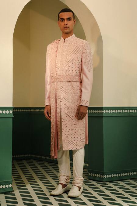 Shop_Sulakshna Jasra_Peach Silk, , Satin Sequins, Aari Embroidered Sherwani Set _Online_at_Aza_Fashions