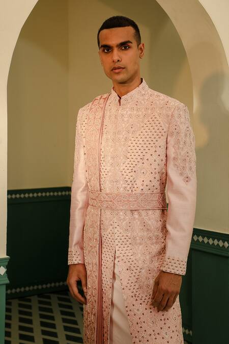 Sulakshna Jasra_Peach Silk, , Satin Sequins, Aari Embroidered Sherwani Set _at_Aza_Fashions