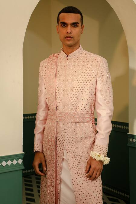 Buy_Sulakshna Jasra_Peach Silk, , Satin Sequins, Aari Embroidered Sherwani Set 