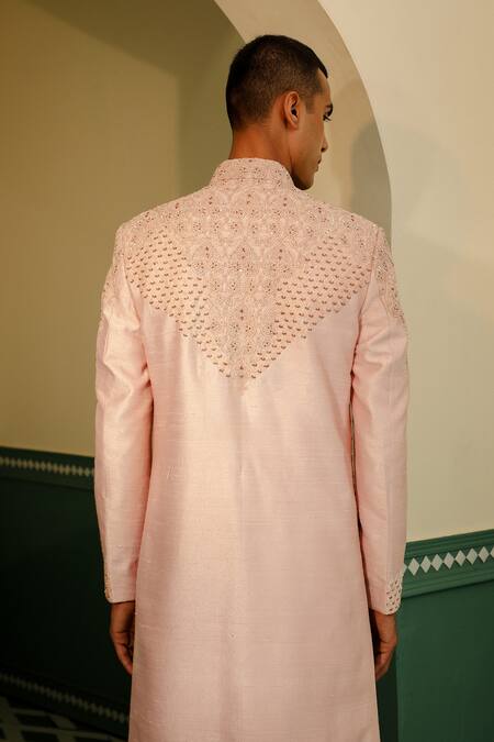 Shop_Sulakshna Jasra_Peach Silk, , Satin Sequins, Aari Embroidered Sherwani Set 