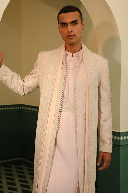 Sulakshna Jasra_Peach Silk, Chanderi, Cotton Diamonds, Embroidery Zardozi Sherwani Set _Online_at_Aza_Fashions