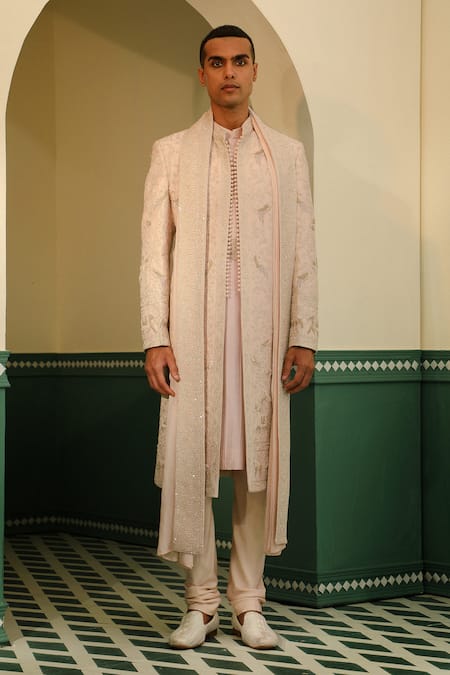 Buy_Sulakshna Jasra_Peach Silk, Chanderi, Cotton Diamonds, Embroidery Zardozi Sherwani Set _Online_at_Aza_Fashions