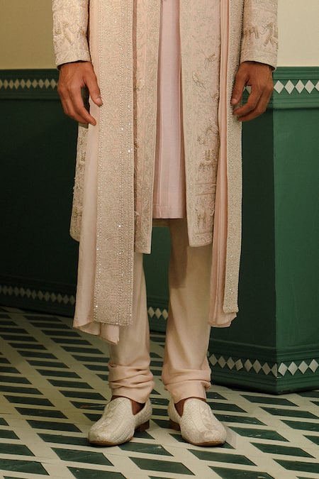 Shop_Sulakshna Jasra_Peach Silk, Chanderi, Cotton Diamonds, Embroidery Zardozi Sherwani Set _Online_at_Aza_Fashions