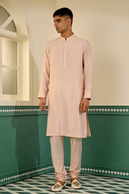 Sulakshna Jasra_Rose Gold Silk, Cotton Embroidery Floral Hand Block Print Sherwani Set _Online_at_Aza_Fashions