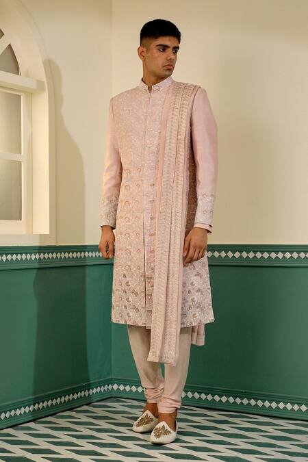 Buy_Sulakshna Jasra_Rose Gold Silk, Cotton Embroidery Floral Hand Block Print Sherwani Set _Online_at_Aza_Fashions