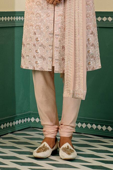 Shop_Sulakshna Jasra_Rose Gold Silk, Cotton Embroidery Floral Hand Block Print Sherwani Set _Online_at_Aza_Fashions