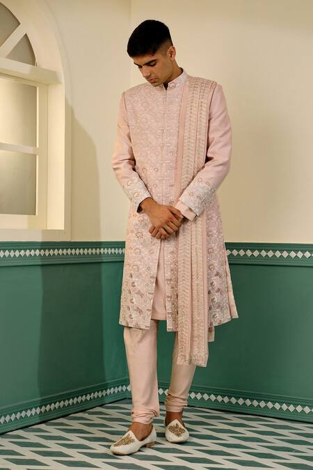 Sulakshna Jasra_Rose Gold Silk, Cotton Embroidery Floral Hand Block Print Sherwani Set _at_Aza_Fashions