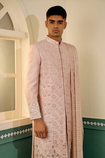 Buy_Sulakshna Jasra_Rose Gold Silk, Cotton Embroidery Floral Hand Block Print Sherwani Set 