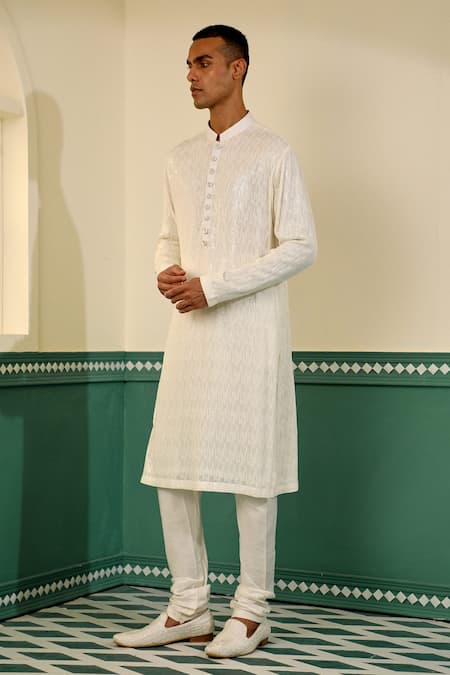 Sulakshna Jasra_White Silk Cut Work, Sequins, Embroidery Geometric Sherwani Set _Online_at_Aza_Fashions