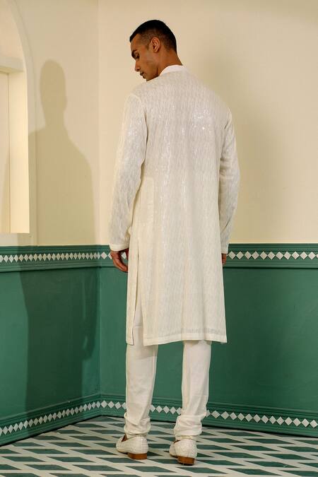 Buy_Sulakshna Jasra_White Silk Cut Work, Sequins, Embroidery Geometric Sherwani Set _Online_at_Aza_Fashions