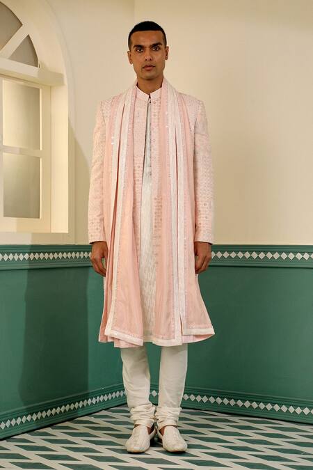 Shop_Sulakshna Jasra_White Silk Cut Work, Sequins, Embroidery Geometric Sherwani Set _Online_at_Aza_Fashions