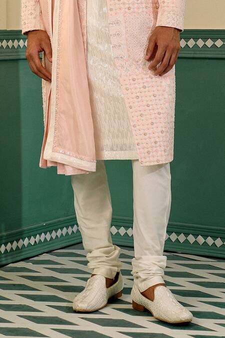 Sulakshna Jasra_White Silk Cut Work, Sequins, Embroidery Geometric Sherwani Set _at_Aza_Fashions