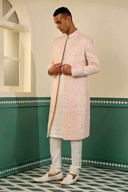 Buy_Sulakshna Jasra_White Silk Cut Work, Sequins, Embroidery Geometric Sherwani Set 