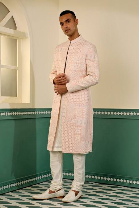 Shop_Sulakshna Jasra_White Silk Cut Work, Sequins, Embroidery Geometric Sherwani Set 