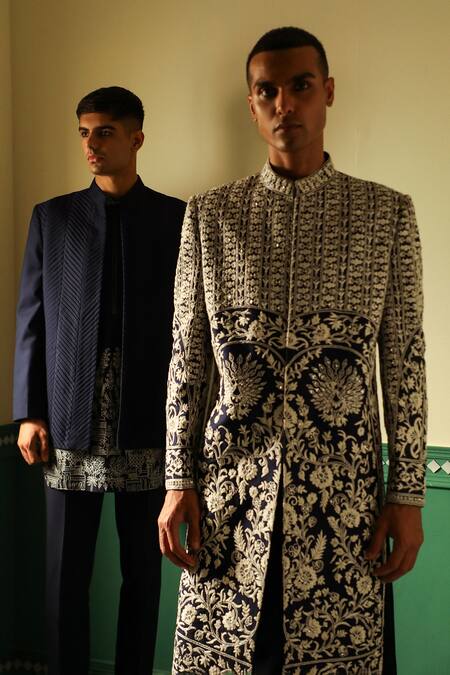 Sulakshna Jasra Navy Cotton, Silk Pearls, Diamonds Blue Dori Embroidered Sherwani Set Online at Aza Fashions Sulakshna Jasra_Navy Cotton, Silk Pearls, Diamonds Blue Dori Embroidered Sherwani Set _Online_at_Aza_Fashions