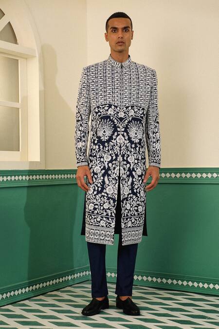 Shop Sulakshna Jasra Navy Cotton, Silk Pearls, Diamonds Blue Dori Embroidered Sherwani Set Online at Aza Fashions Shop_Sulakshna Jasra_Navy Cotton, Silk Pearls, Diamonds Blue Dori Embroidered Sherwani Set _Online_at_Aza_Fashions