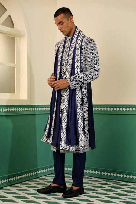 Sulakshna Jasra Navy Cotton, Silk Pearls, Diamonds Blue Dori Embroidered Sherwani Set at Aza Fashions Sulakshna Jasra_Navy Cotton, Silk Pearls, Diamonds Blue Dori Embroidered Sherwani Set _at_Aza_Fashions