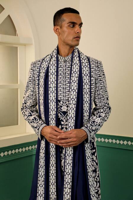 Buy Sulakshna Jasra Navy Cotton, Silk Pearls, Diamonds Blue Dori Embroidered Sherwani Set Buy_Sulakshna Jasra_Navy Cotton, Silk Pearls, Diamonds Blue Dori Embroidered Sherwani Set