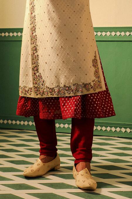 Sulakshna Jasra_Maroon Cotton, Silk, Chanderi Sequins, Embroidery, Zari Zardozi Sherwani Set _Online_at_Aza_Fashions