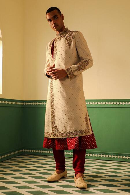 Buy_Sulakshna Jasra_Maroon Cotton, Silk, Chanderi Sequins, Embroidery, Zari Zardozi Sherwani Set _Online_at_Aza_Fashions