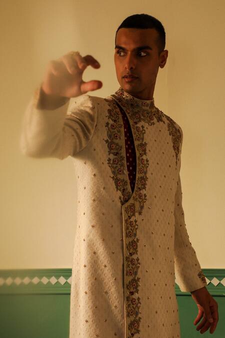 Shop_Sulakshna Jasra_Maroon Cotton, Silk, Chanderi Sequins, Embroidery, Zari Zardozi Sherwani Set _Online_at_Aza_Fashions