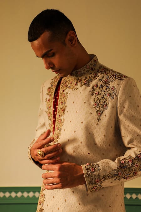 Sulakshna Jasra_Maroon Cotton, Silk, Chanderi Sequins, Embroidery, Zari Zardozi Sherwani Set _at_Aza_Fashions