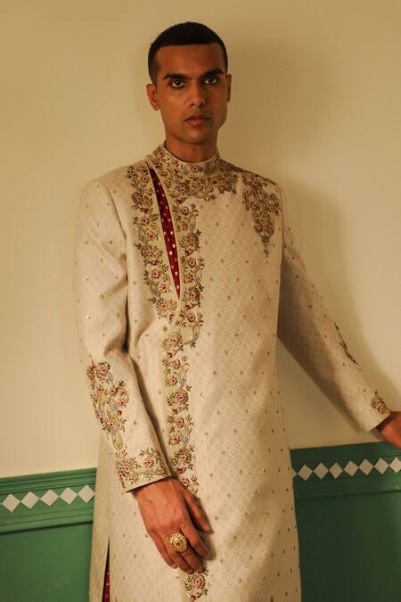 Buy_Sulakshna Jasra_Maroon Cotton, Silk, Chanderi Sequins, Embroidery, Zari Zardozi Sherwani Set 