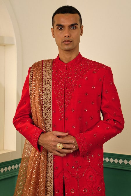 Buy Sulakshna Jasra Red , Cotton, Organza Embroidery, Zari, Beads Dori Sherwani Set Online at Aza Fashions Buy_Sulakshna Jasra_Red , Cotton, Organza Embroidery, Zari, Beads Dori Sherwani Set _Online_at_Aza_Fashions