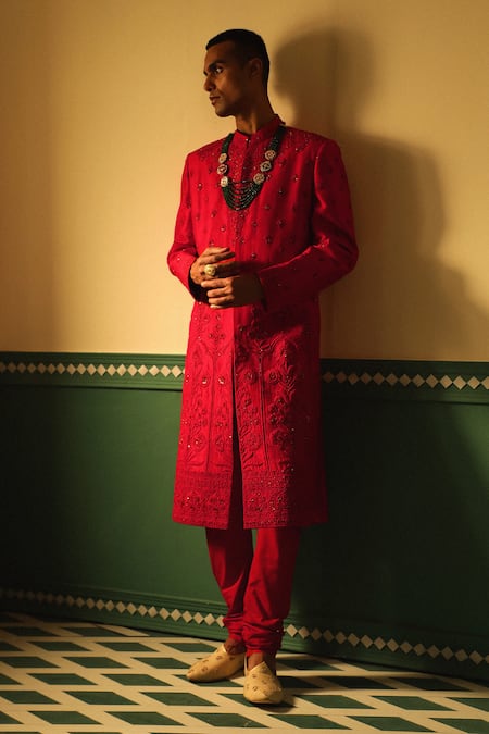 Shop Sulakshna Jasra Red , Cotton, Organza Embroidery, Zari, Beads Dori Sherwani Set Online at Aza Fashions Shop_Sulakshna Jasra_Red , Cotton, Organza Embroidery, Zari, Beads Dori Sherwani Set _Online_at_Aza_Fashions